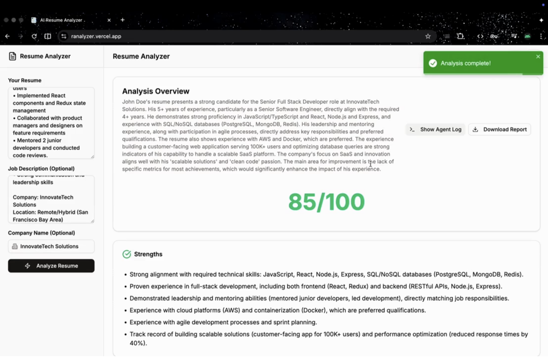 AI Resume Analyzer dashboard showing an 85 out of 100 analysis score, strengths, and report controls